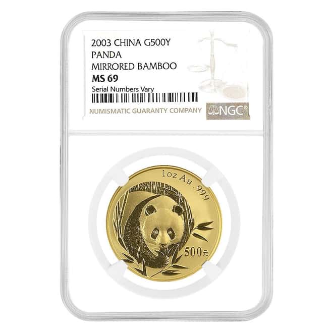 2003 1 oz Chinese Gold Panda 500 Yuan Mirrored Bamboo NGC MS 69