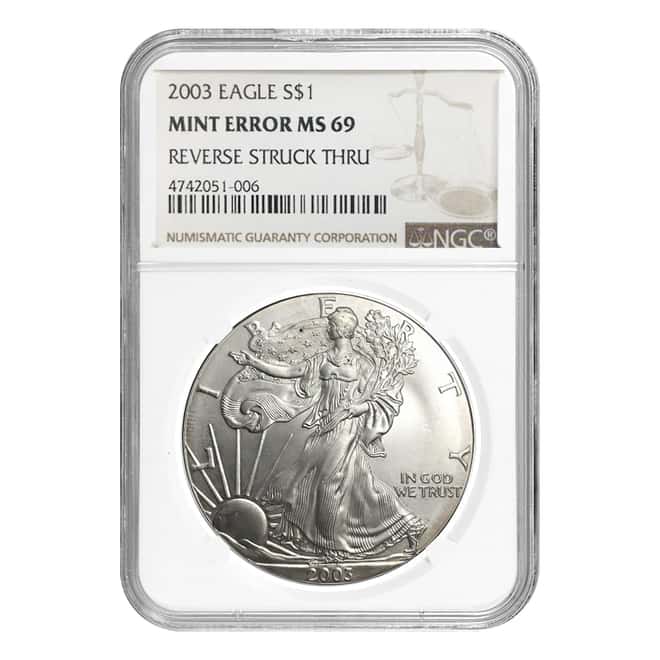 2003 1 oz Silver American Eagle NGC MS 69 Mint Error (Rev Struck Thru)