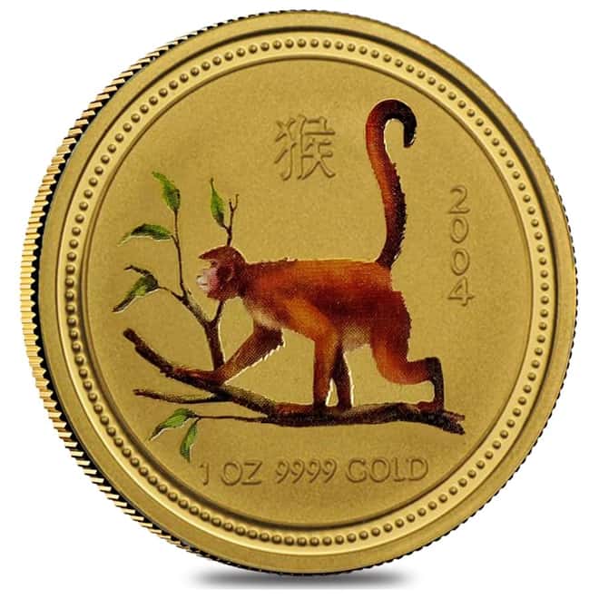 2004 1 oz Colorized Gold Lunar Year of The Monkey BU Australia Perth Mint In Cap