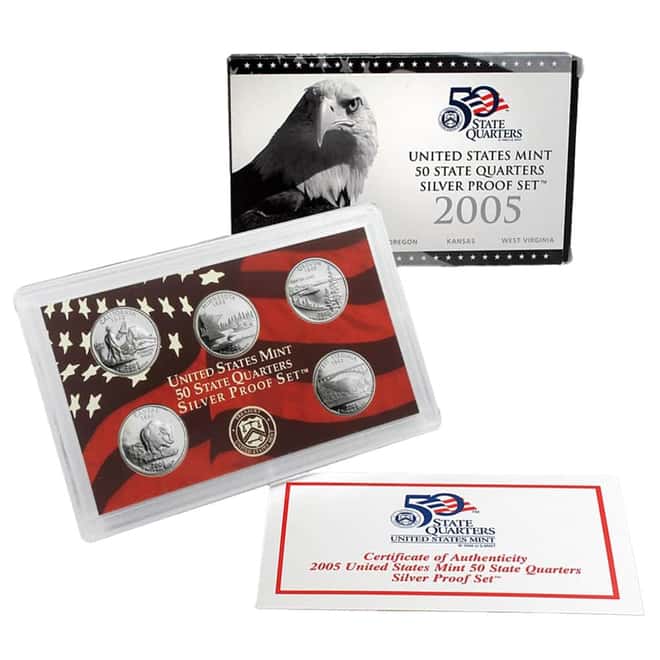 2005-S US Mint 50 State Quarters Proof Silver 5-Coin Set (w/Box & COA)