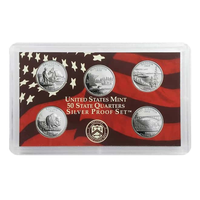 2005-S US Mint 50 State Quarters Proof Silver 5-Coin Set (w/Box & COA)