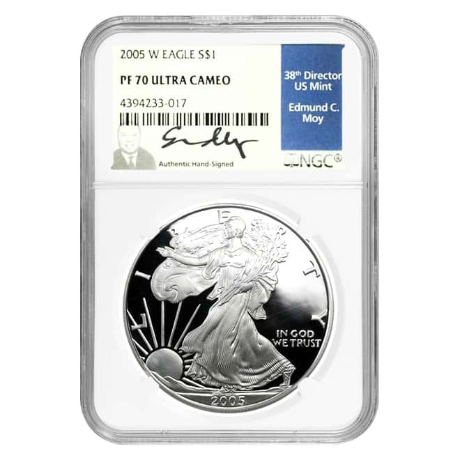 2005-W 1 oz Proof Silver American Eagle NGC PF 70 UCAM (Edmund C. Moy Signature)