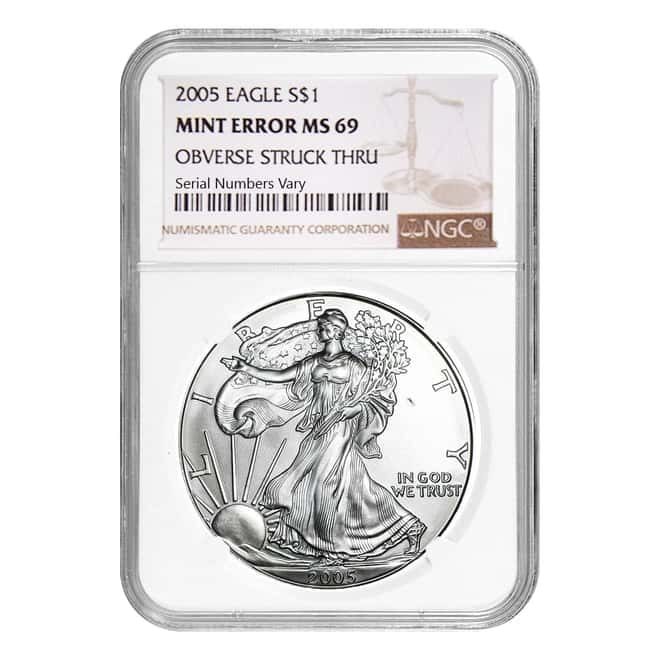 2005 1 oz Silver American Eagle NGC MS 69 Mint Error (Obv Struck Thru)