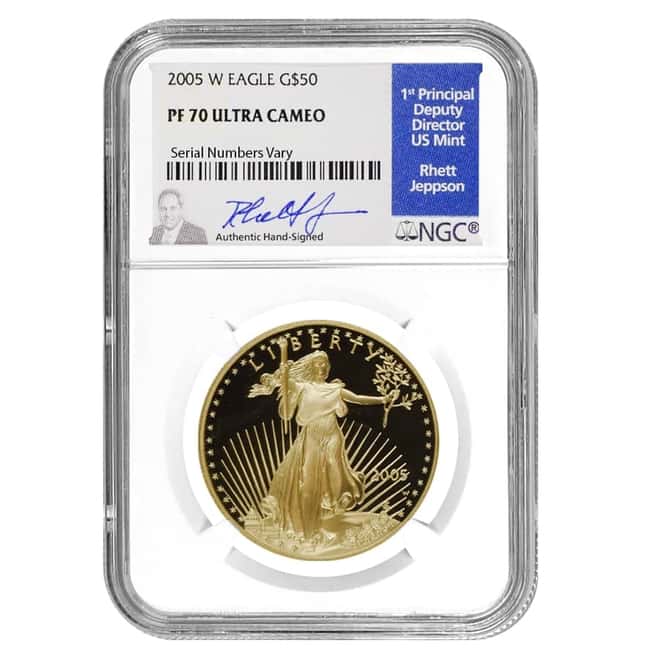2005 W 1 oz $50 Proof Gold American Eagle NGC PF 70 UCAM (Rhett Jeppson Sign)
