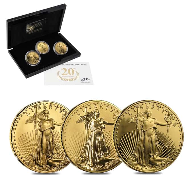 2006-W 3 oz Gold American Eagle 20th Anniversary 3-Coin Set (w/Box & COA)