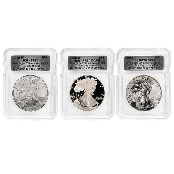 2006 W / P Silver American Eagle 3-Coin Set ICG MS / PF 70 FDOI (20th Anniversary)