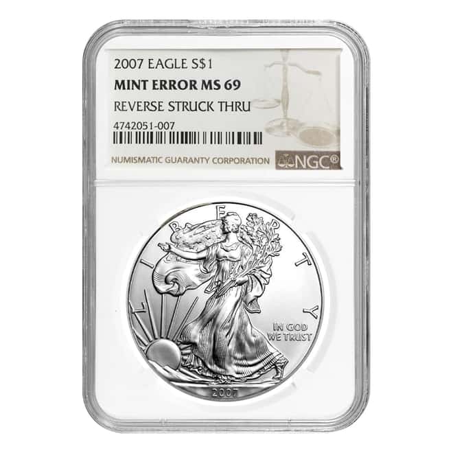 2007 1 oz Silver American Eagle NGC MS 69 Mint Error (Rev Struck Thru)