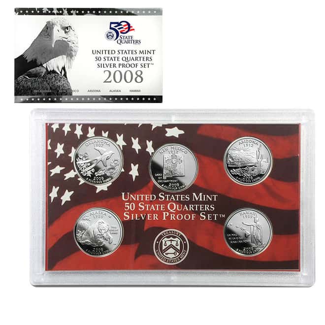2008-S US Mint 50 State Quarters Proof Silver 5-Coin Set (w/Box & COA)
