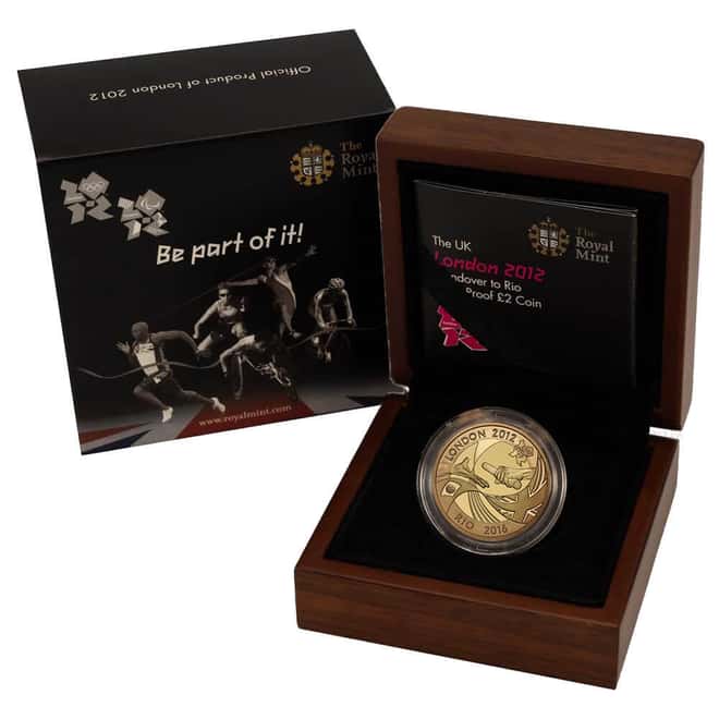2012 Great Britain 2 Pounds London to Rio Olympics Handover Proof Gold Coin