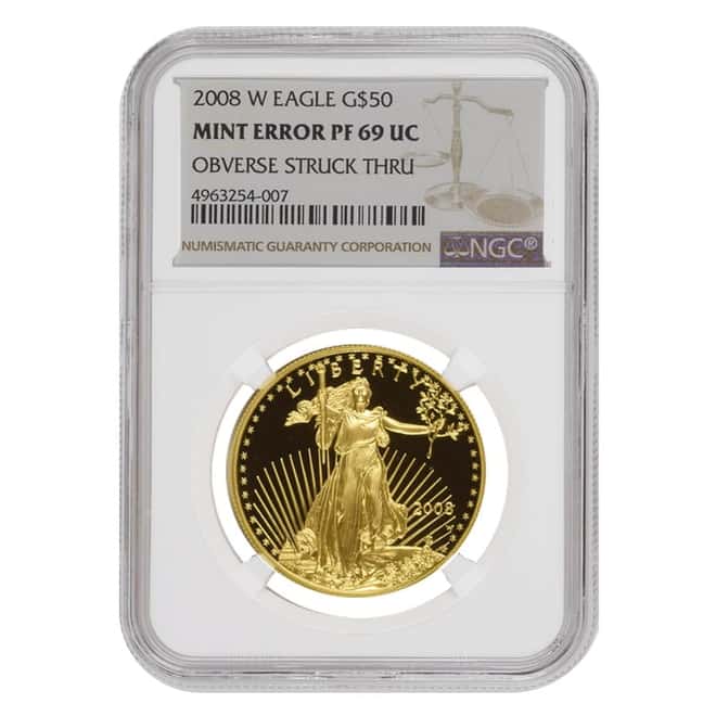 2008 W 1 oz $50 Proof Gold American Eagle NGC PF 69 UCAM Mint Error (Obv Struck Thru)