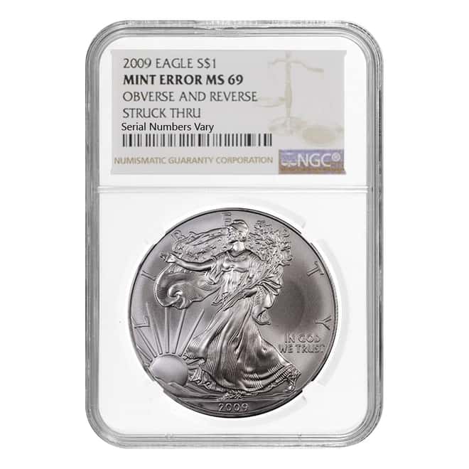 2009 1 oz Silver American Eagle NGC MS 69 Mint Error (Obv and Rev Struck Thru)