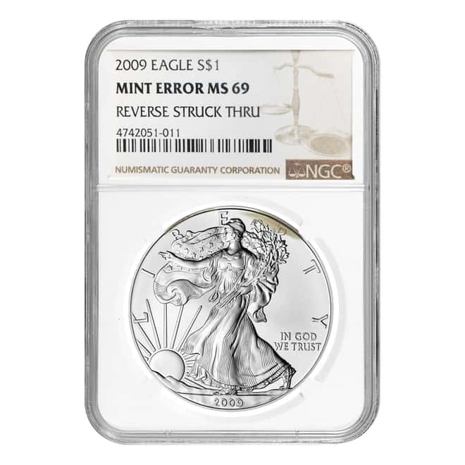 2009 1 oz Silver American Eagle NGC MS 69 Mint Error (Rev Struck Thru)