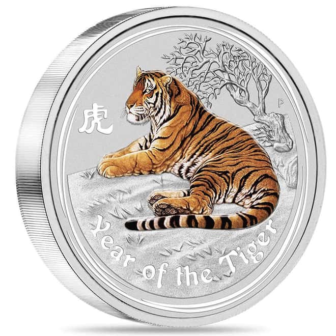2010 1 Kilo Colorized Silver Lunar Tiger BU Topaz Gemstone Australian Perth Mint
