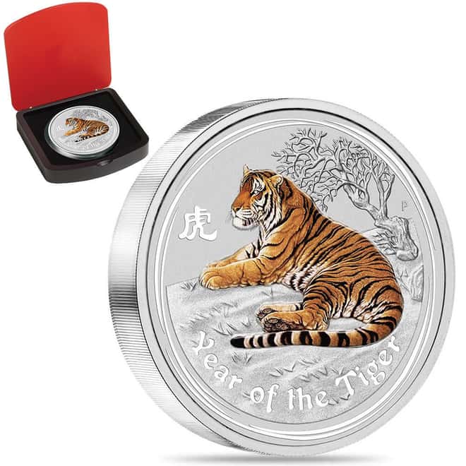 2010 1 Kilo Colorized Silver Lunar Tiger BU Topaz Gemstone Australian Perth Mint