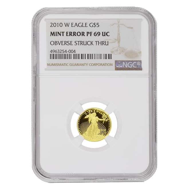 2010 W 1/10 oz $5 Proof Gold American Eagle NGC PF 69 UCAM Mint Error (Obv Struck Thru)