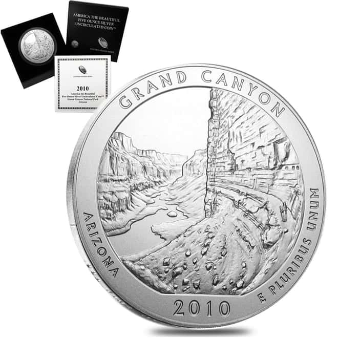 2010-P 5 oz Silver America the Beautiful ATB Arizona Grand Canyon National Park Unc Coin (w/Box & COA)