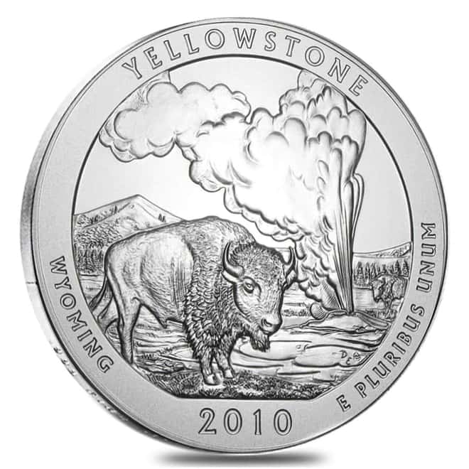 2010-P 5 oz Silver America the Beautiful ATB Wyoming Yellowstone National Park Unc Coin (w/Box & COA)
