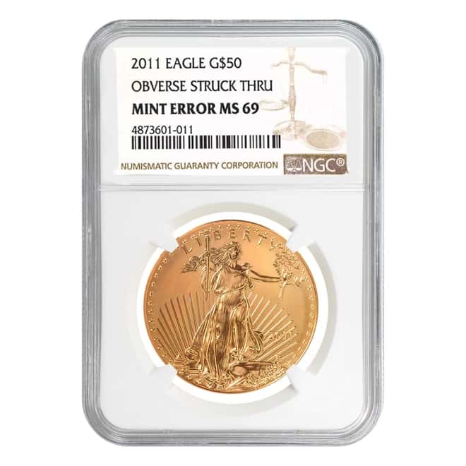 2011 1 oz $50 Gold American Eagle NGC MS 69 Mint Error (Obv Struck Thru) 