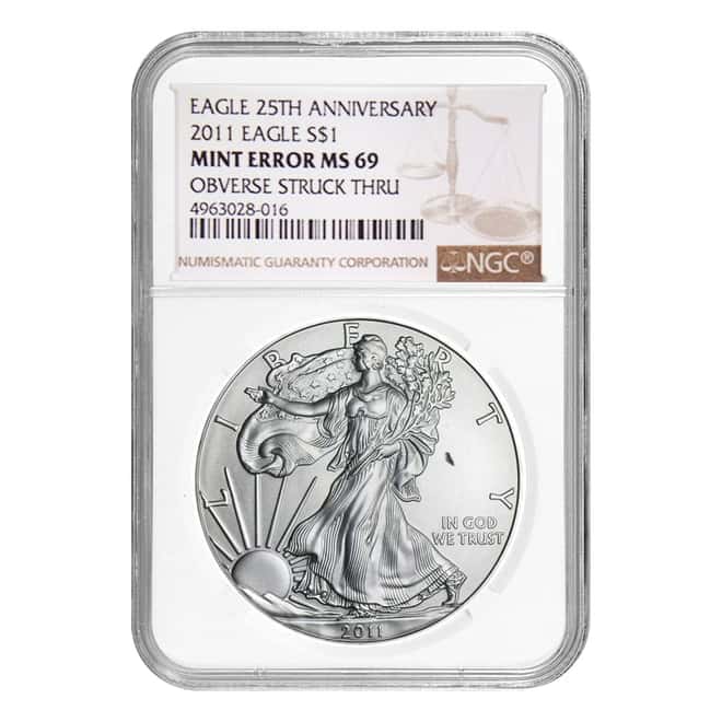 2011 1 oz Silver American Eagle NGC MS 69 Mint Error (Obv Struck Thru)