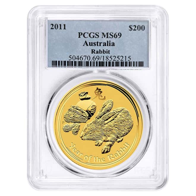 2011 2 oz Gold Lunar Rabbit Australia Perth Mint Series II PCGS MS 69