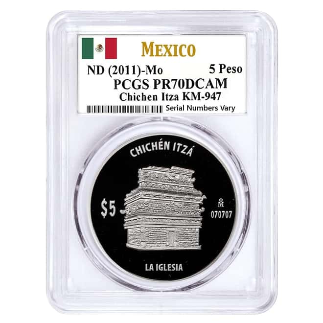 2011 Mexico 1 oz Proof Silver Chichen Itza - The Church 5 Pesos PCGS PF 70