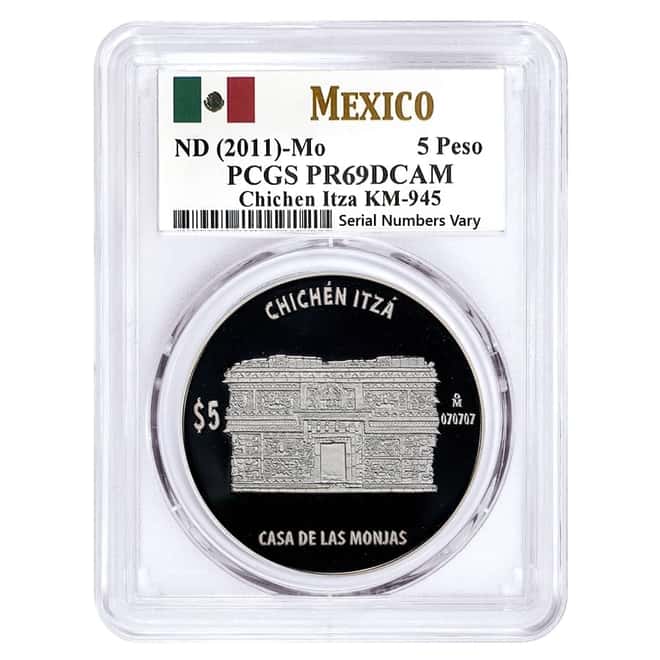 2011 Mexico 1 oz Proof Silver Chichen Itza - The Nunnery 5 Pesos PCGS PF 69