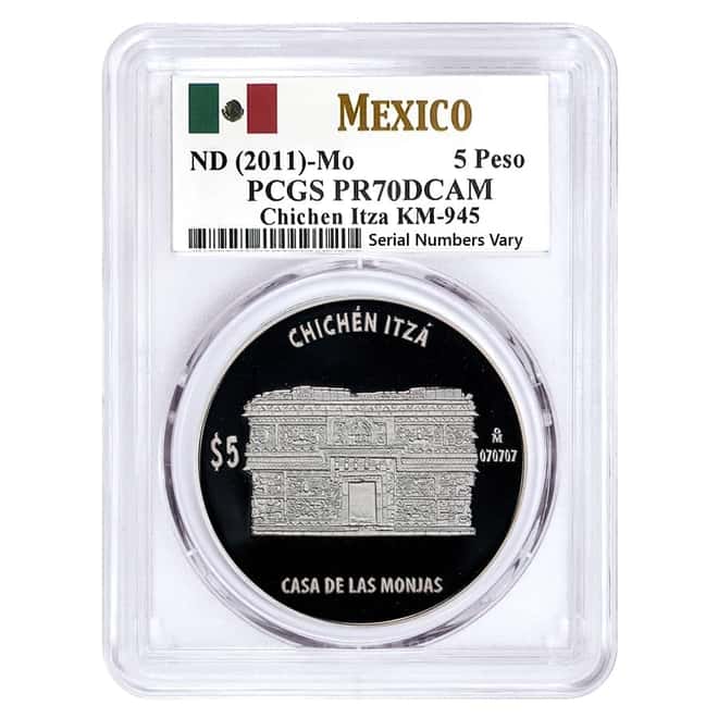 2011 Mexico 1 oz Proof Silver Chichen Itza - The Nunnery 5 Pesos PCGS PF 70