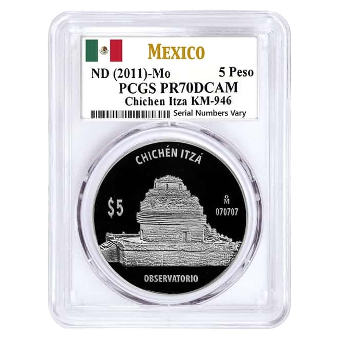 2011 Mexico 1 oz Proof Silver Chichen Itza - The Observatory 5 Pesos PCGS PF 70