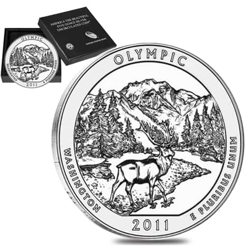 2011-P 5 oz Silver America the Beautiful ATB Washington Olympic National Park Unc Coin (w/Box & COA)
