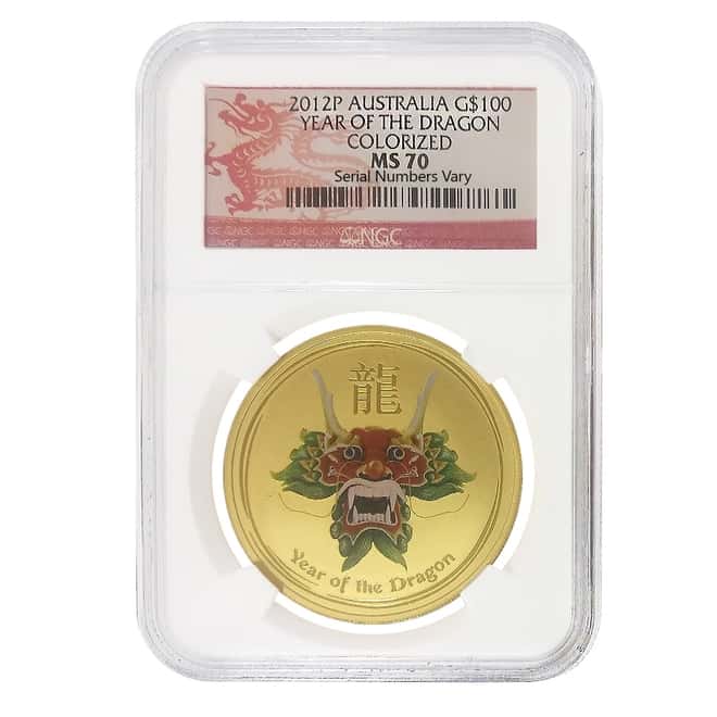 2012 1 oz Colorized Gold Lunar Year of The Dragon Australia NGC MS 70