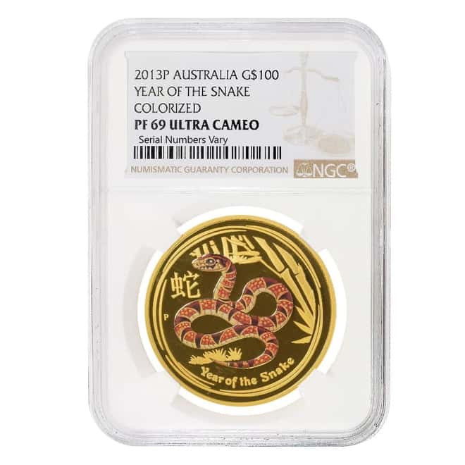 2013 1 oz Colorized Proof Gold Lunar Year of The Snake Australia NGC PF 69 UCAM