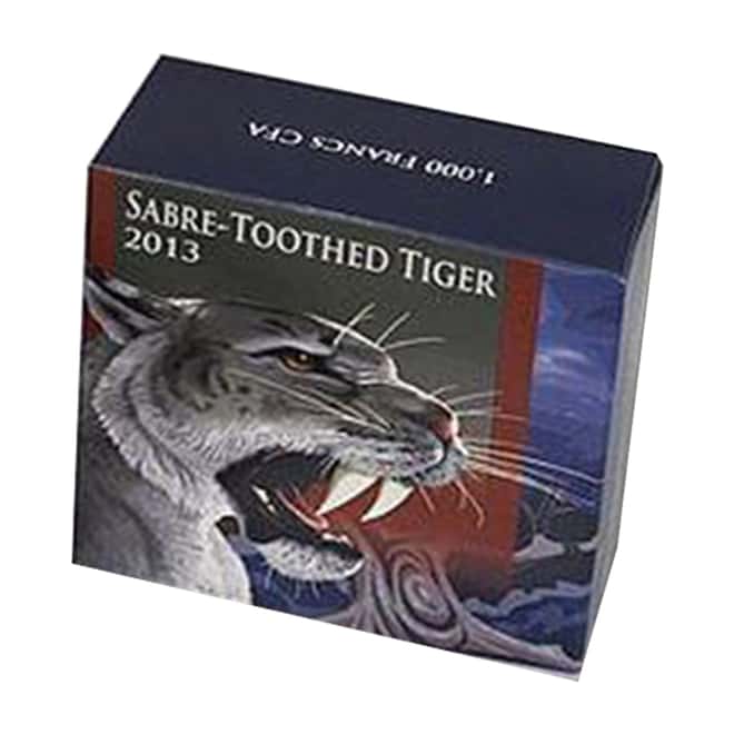 2013 1 oz Silver Saber Toothed Tiger - Smilodon Burkina Faso Antiqued Coin (w/Box & COA)