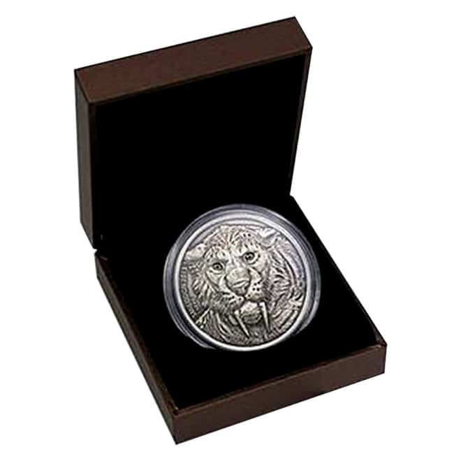 2013 1 oz Silver Saber Toothed Tiger - Smilodon Burkina Faso Antiqued Coin (w/Box & COA)