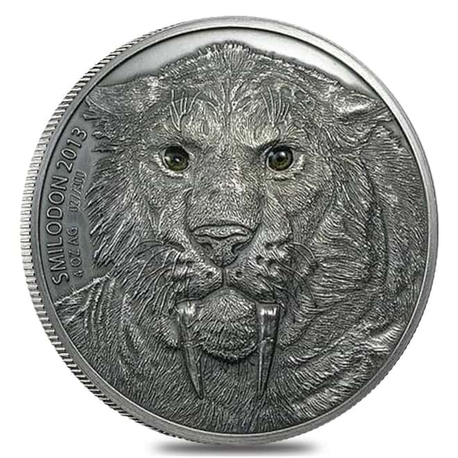 2013 1 oz Silver Saber Toothed Tiger - Smilodon Burkina Faso Antiqued Coin (w/Box & COA)