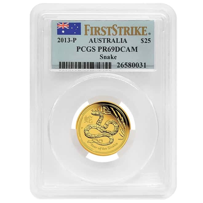 2013 1/4 oz Proof Gold Lunar Year of The Snake Perth Mint PCGS PF 69 FS
