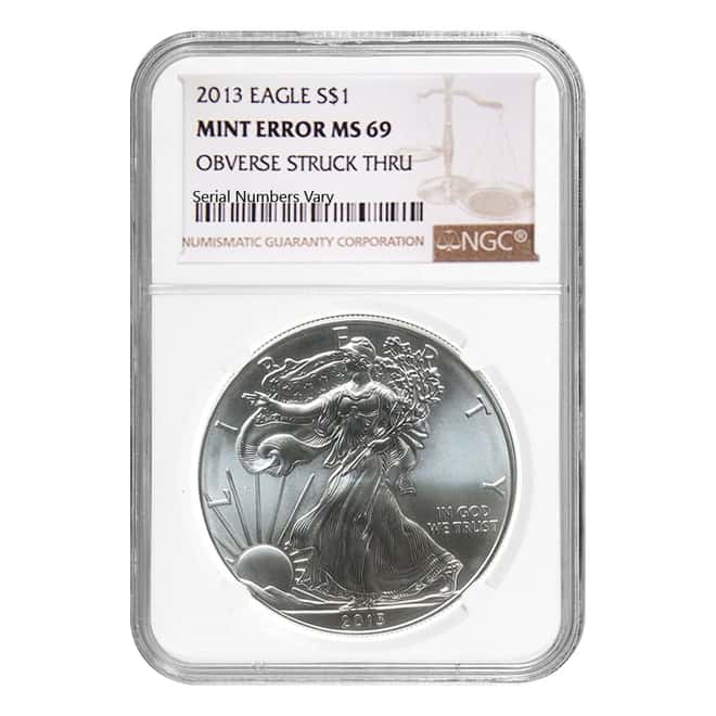 2013 1 oz Silver American Eagle NGC MS 69 Mint Error (Obv Struck Thru)