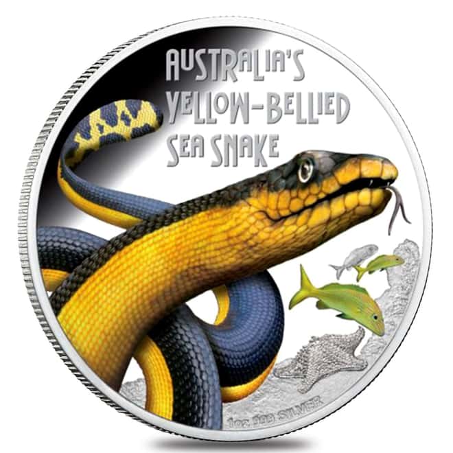 013 1 oz Tuvalu Yellow-Bellied Sea Snake Colorized Proof Silver Coin (w/Box & COA)