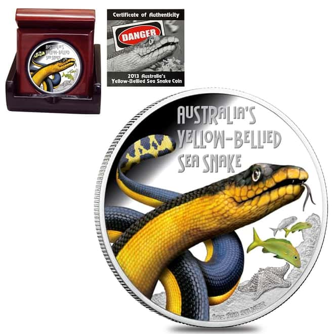 013 1 oz Tuvalu Yellow-Bellied Sea Snake Colorized Proof Silver Coin (w/Box & COA)