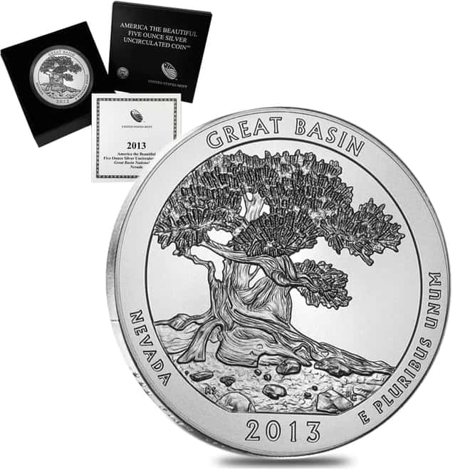 2013-P 5 oz Silver America the Beautiful ATB Nevada Great Basin National Park Unc Coin (w/Box & COA)