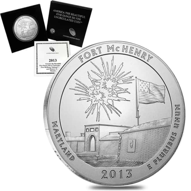 2013-P 5 oz Silver America the Beautiful ATB Maryland Fort McHenry National Monument Unc Coin (w/Box & COA)