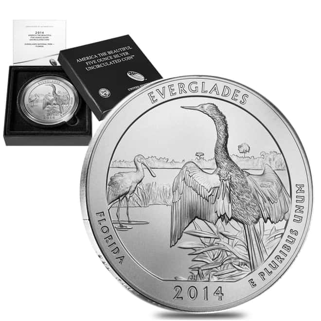2014-P 5 oz Silver America the Beautiful ATB Florida Everglades National Park Unc Coin (w/Box & COA)