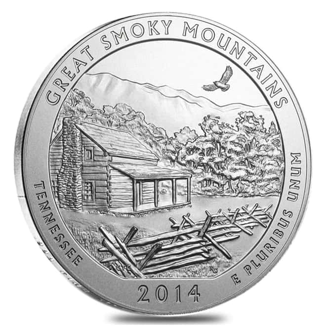 2014-P 5 oz Silver America the Beautiful ATB Tennessee Great Smoky Mountains National Park Unc Coin (w/Box & COA)