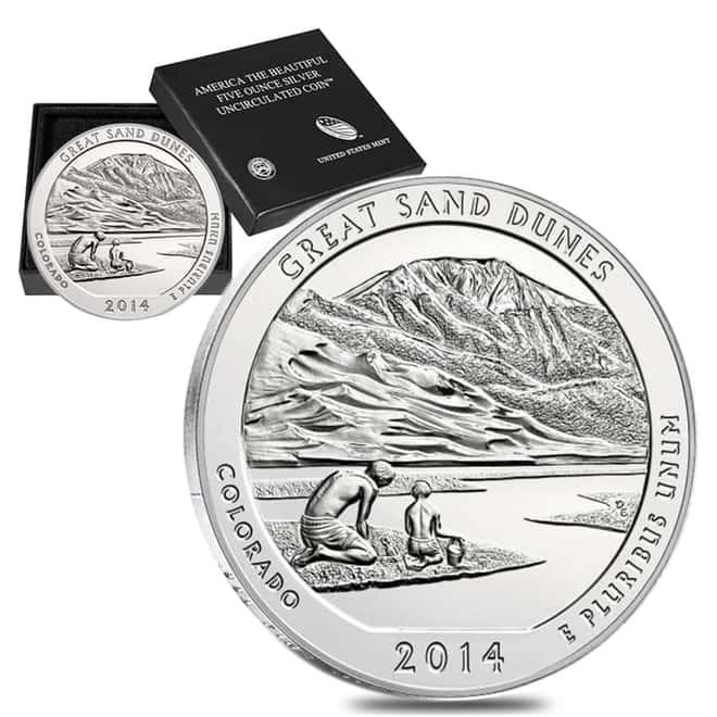 2014-P 5 oz Silver America the Beautiful ATB Colorado Great Sand Dunes National Park Unc Coin (w/Box & COA)