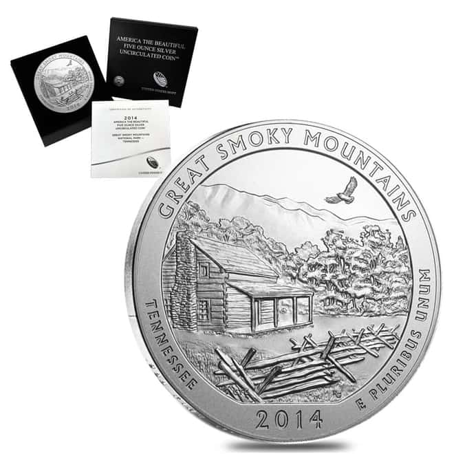2014-P 5 oz Silver America the Beautiful ATB Tennessee Great Smoky Mountains National Park Unc Coin (w/Box & COA)