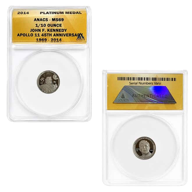 2014 1/10 oz John F. Kennedy Apollo 11 45th Anniversary Platinum Medal ANACS MS 69
