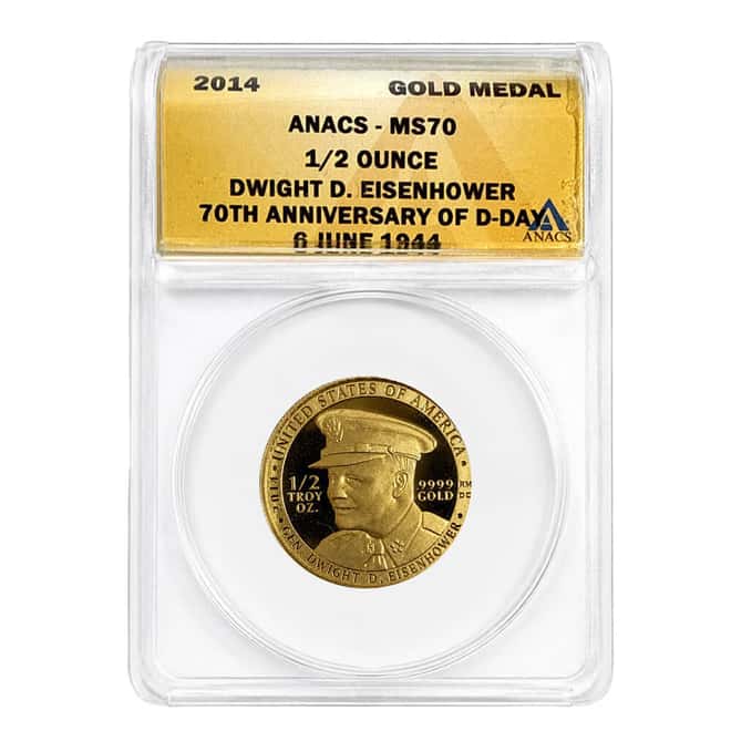 2014 1/2 oz Eisenhower D-Day 70th Anniversary Gold Medal ANACS MS 70