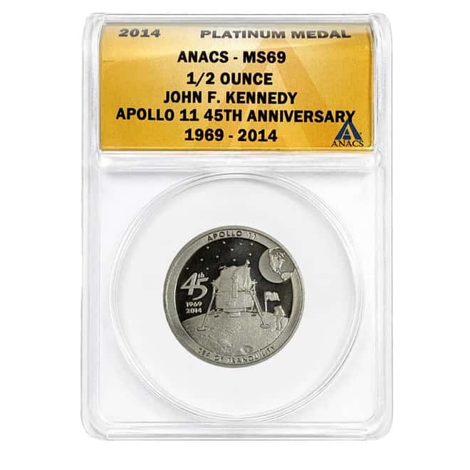 2014 1/2 oz John F. Kennedy Apollo 11 45th Anniversary Platinum Medal ANACS MS 69
