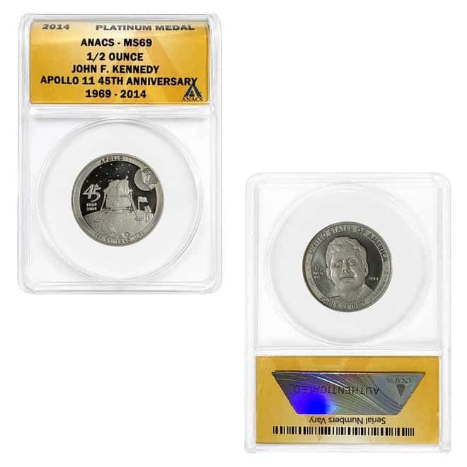 2014 1/2 oz John F. Kennedy Apollo 11 45th Anniversary Platinum Medal ANACS MS 69