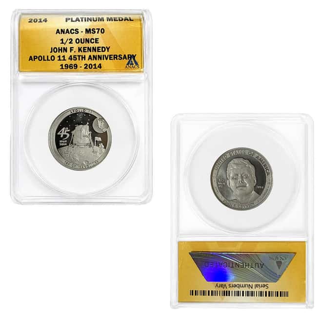 2014 1/2 oz John F. Kennedy Apollo 11 45th Anniversary Platinum Medal ANACS MS 70