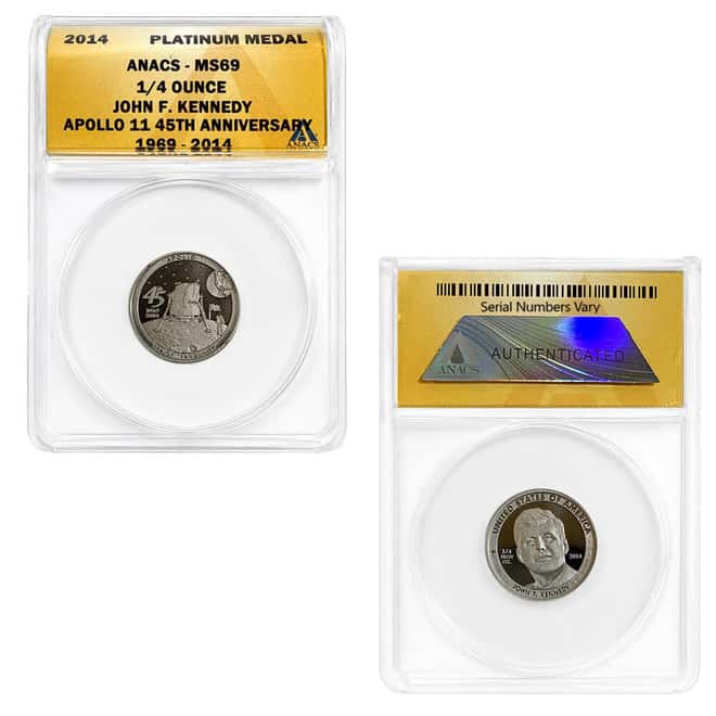 2014 1/4 oz John F. Kennedy Apollo 11 45th Anniversary Platinum Medal ANACS MS 69